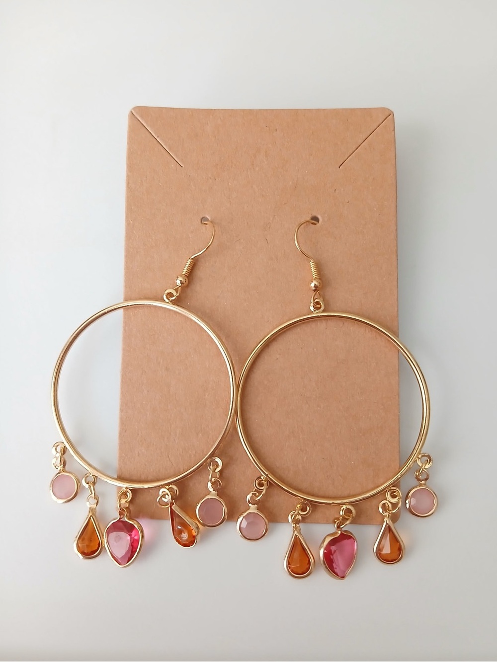 Fashion Jewelry Gold Hoop Earrings with Pink and Orange Charms